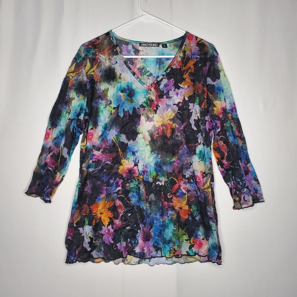 Sno Skins Top XL Crinkle Rainbow Watercolor Base Layer Mesh Vtg Whimsy